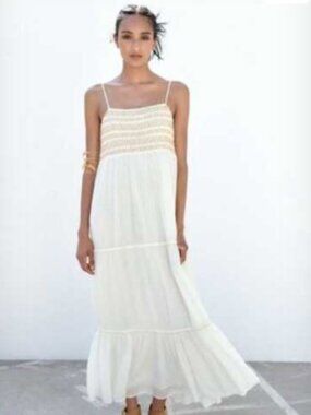 NWT Zara Women's Beachy Tiered Maxi Dress | Off White and Light Brown | M